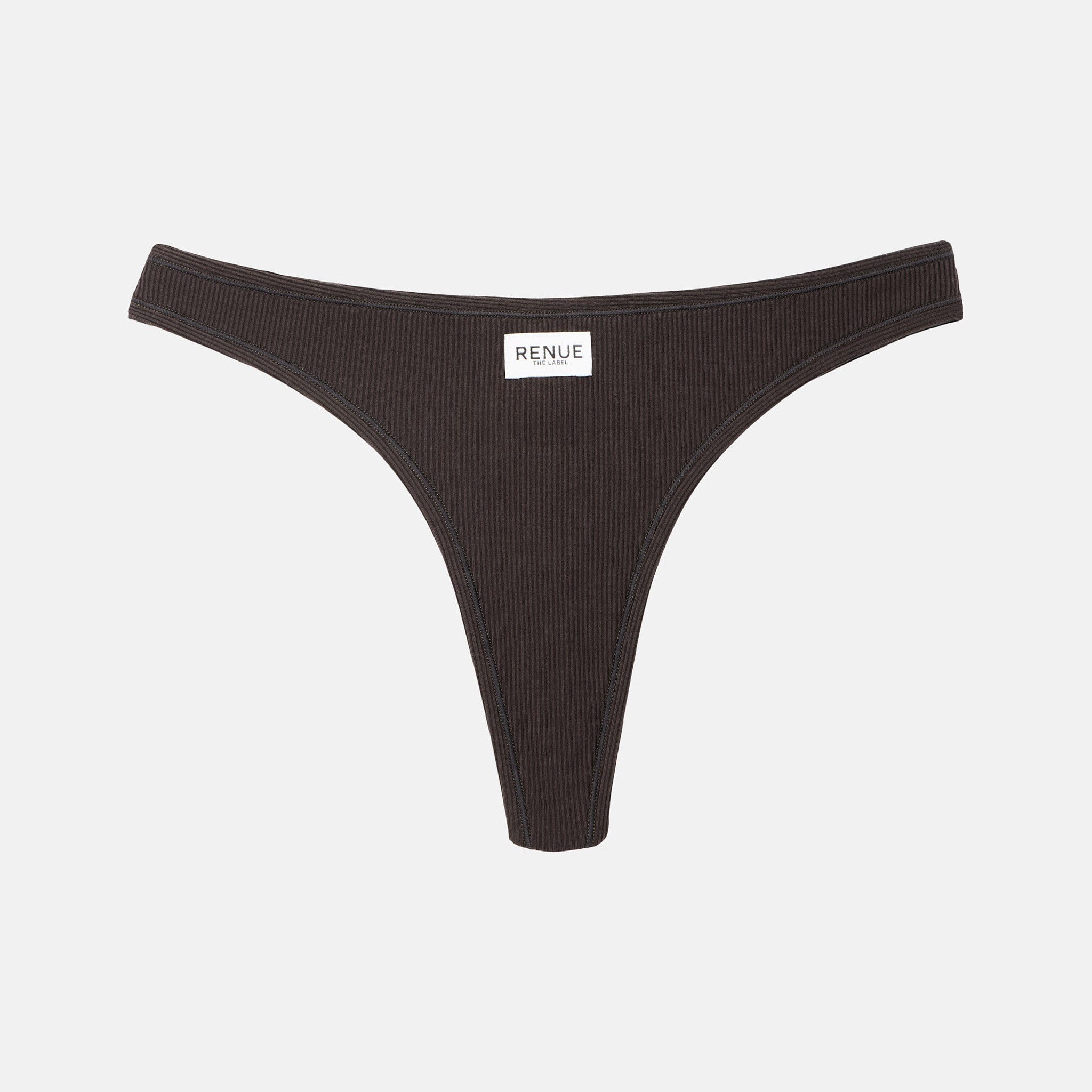 A dark brown ribbed thong-style underwear bottom with a small white rectangular brand label reading 'RENUE' at the center front, shown on a light gray background.