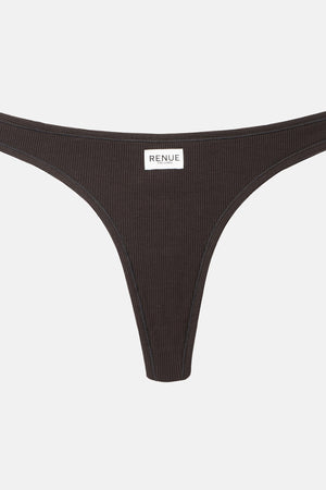 A dark brown ribbed thong-style underwear bottom with a small white rectangular brand label reading 'RENUE' at the center front, shown on a light gray background.