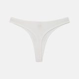 White ribbed thong underwear with a small tonal embroidered logo at the center front, displayed flat against a light gray background.