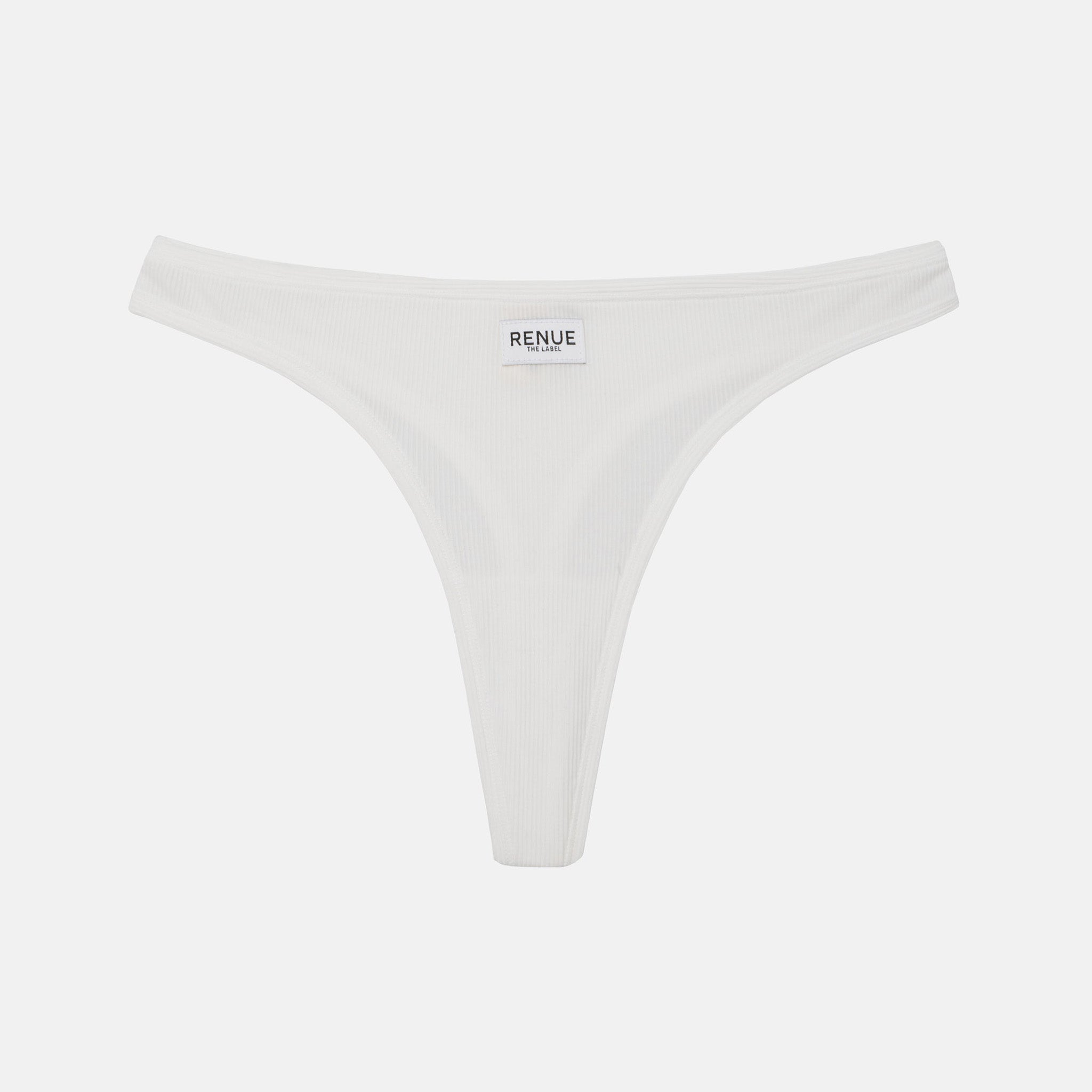 White thong-style underwear with a small black 'RENUE' brand label at the center front, shown on a light gray background.