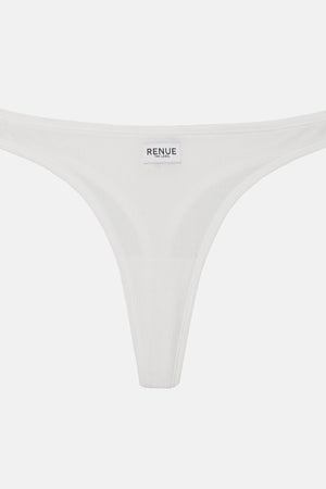 White thong-style underwear with a small black 'RENUE' brand label at the center front, shown on a light gray background.