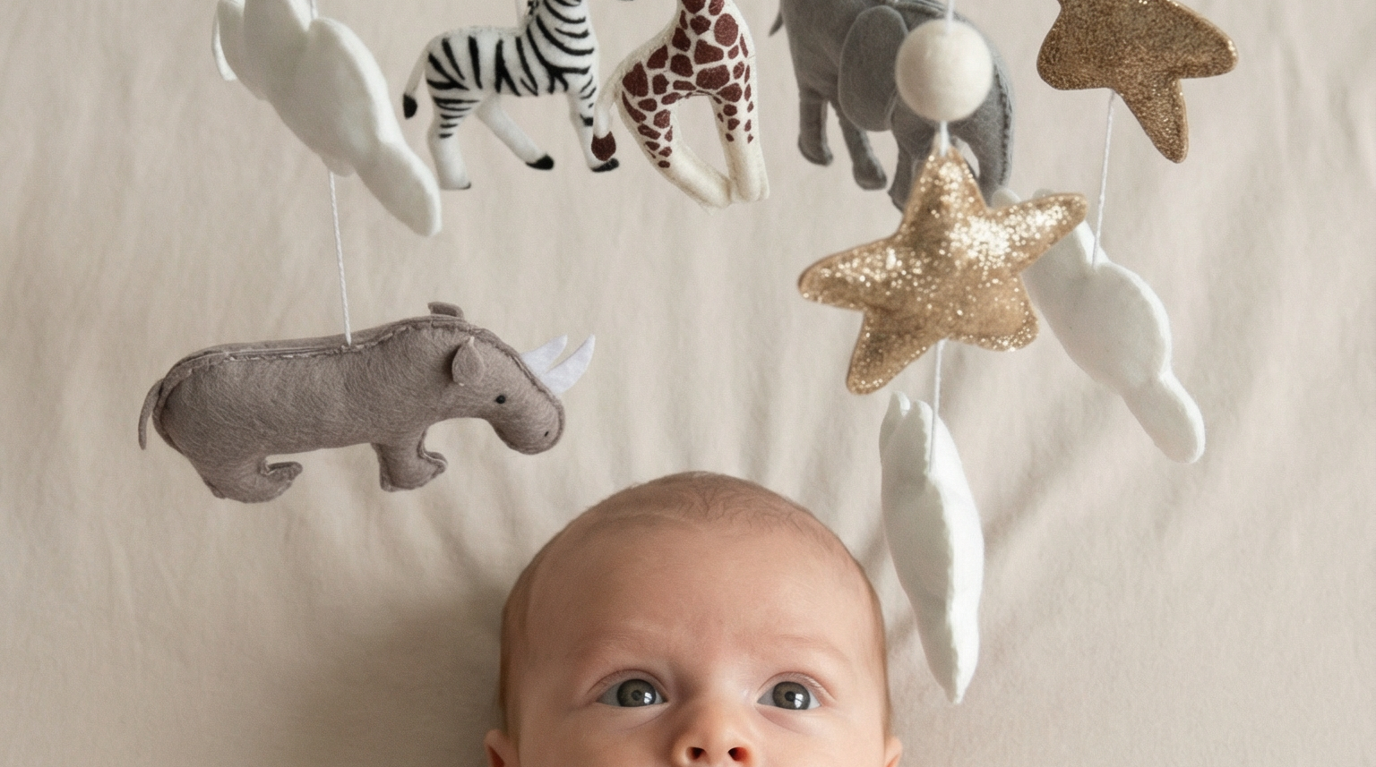 Safari Dreams Felt Cot Mobile above a wide-eyed baby lying on a bed, with the felt animals, stars and moon hanging