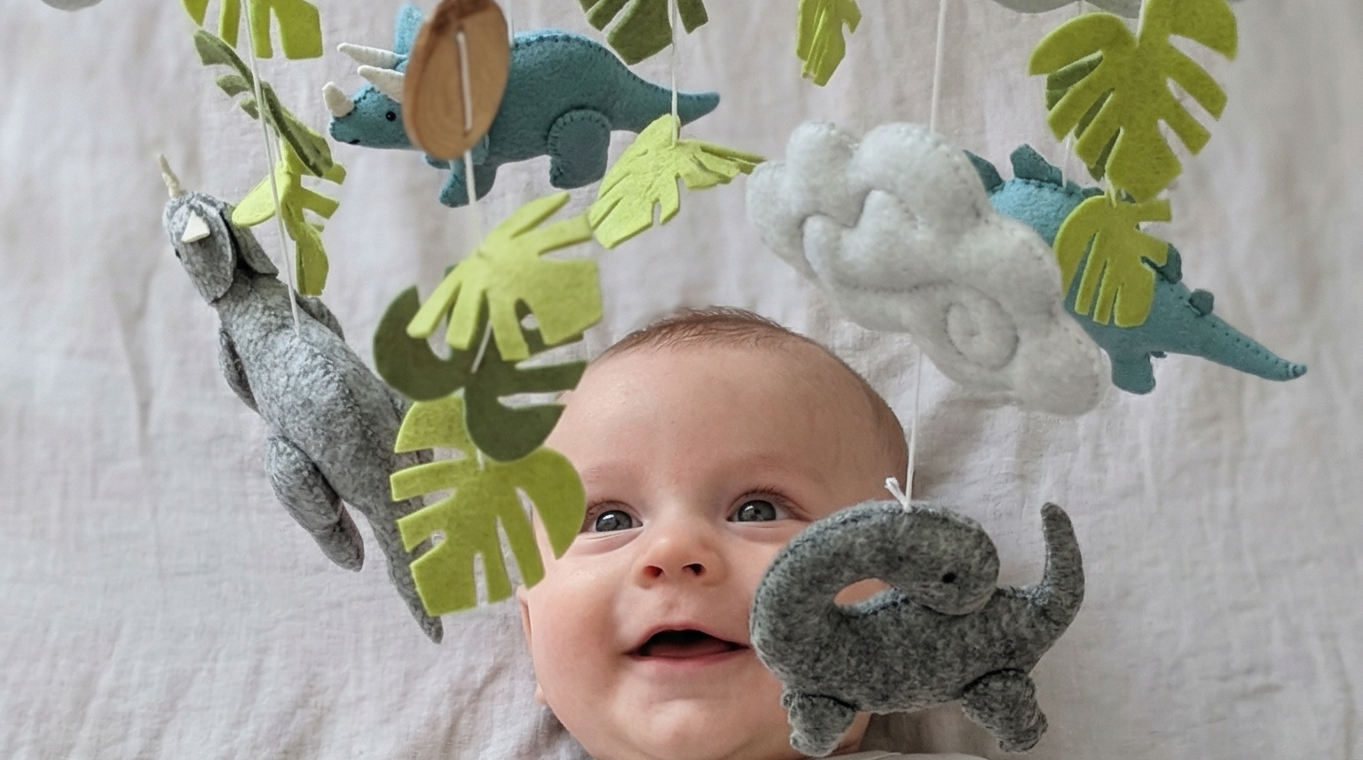 Little Dino Land felt cot mobile hanging over a smiling baby lying on their back in a cot