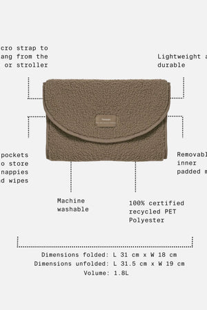 Oslo Eco Travel Changing Mat, Mocha Borg, feature call-outs: two pockets, machine washable, removable mat, 1.8L