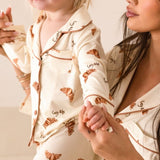 Mini Cozy Croissant Club Pyjamas with golden croissant print, by Cozy Crew Club