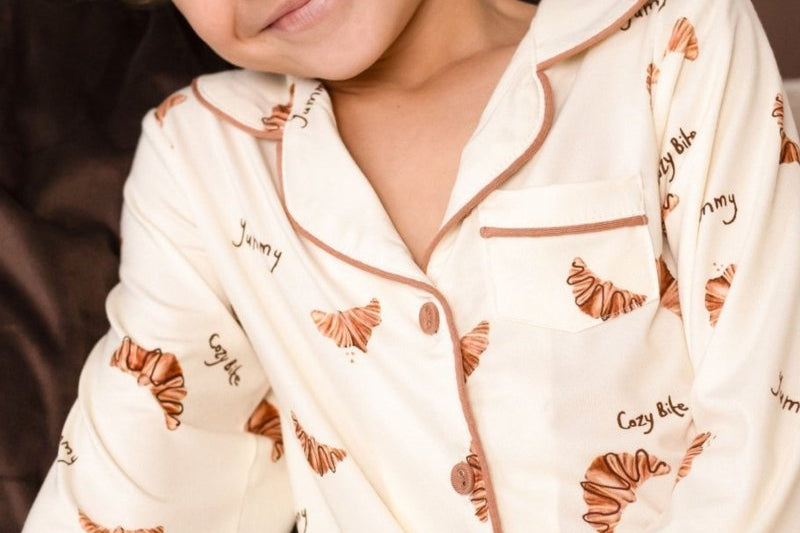 Mini Cozy Croissant Club Pyjamas with golden croissant print, by Cozy Crew Club – image 3