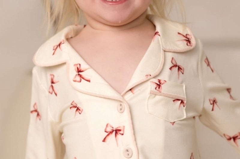 Mini Cozy Rosy Ribbon Pyjamas Set with pink bow print on cream, by Cozy Crew Club – image 7