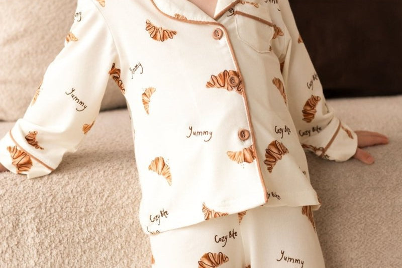 Mini Cozy Croissant Club Pyjamas with golden croissant print, by Cozy Crew Club – image 5