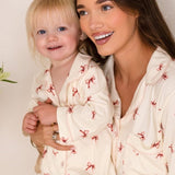 Mini Cozy Rosy Ribbon Pyjamas Set with pink bow print on cream, by Cozy Crew Club