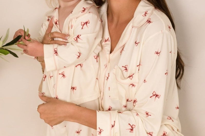 Mini Cozy Rosy Ribbon Pyjamas Set with pink bow print on cream, by Cozy Crew Club – image 2
