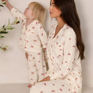 Mini Cozy Rosy Ribbon Pyjamas Set with pink bow print on cream, by Cozy Crew Club – image 4