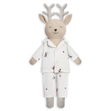 A plush stuffed deer toy wearing a cream pajama set with small red berry and green leaf prints, on a plain white background.