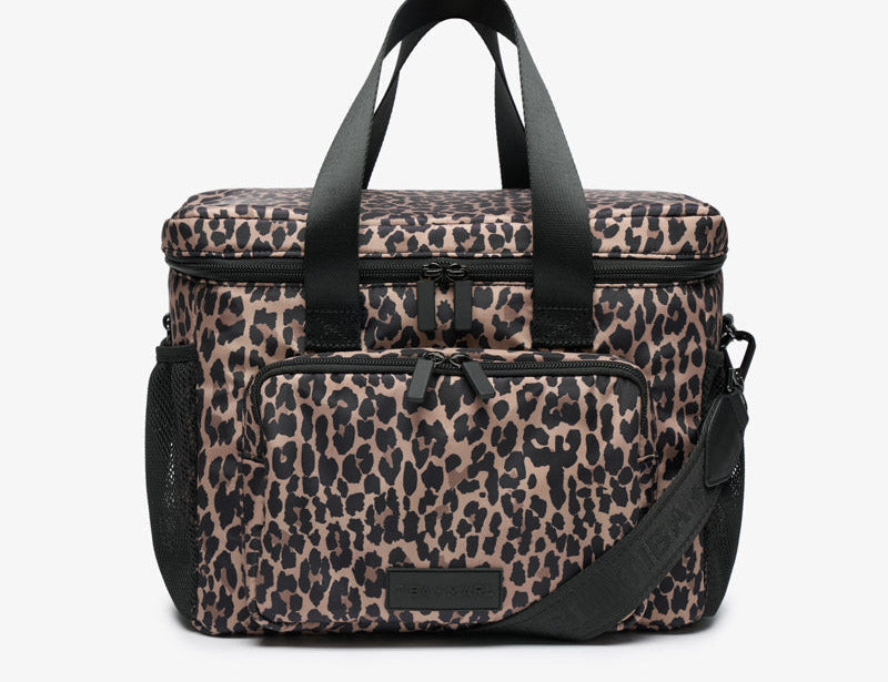 T+M Family Picnic Cool Bag in Lighter Leopard Print, front view with black top handles and shoulder strap