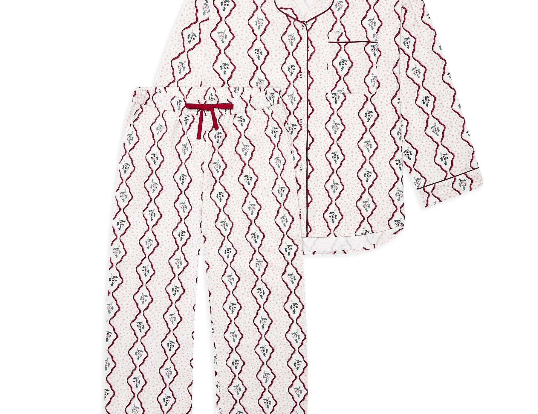 A two-piece pajama set featuring a long-sleeve button-up top and matching pants, both in white with a red and green diamond-patterned print. The top has a red piping border and a red drawstring tie at the collar, while the pants have a matching red piping border and cuffs.