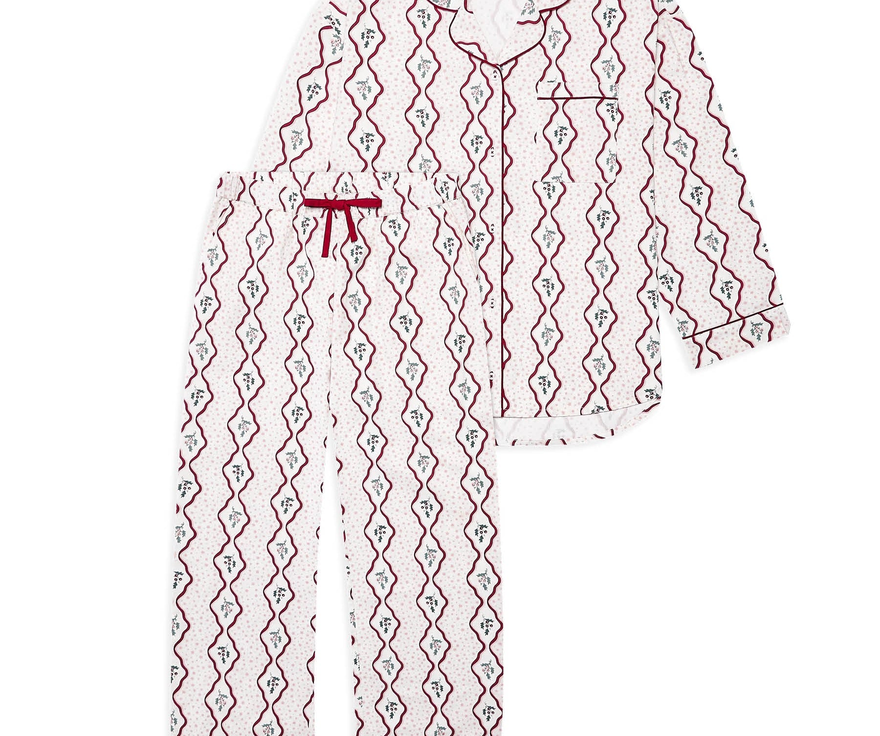A two-piece pajama set featuring a long-sleeve button-up top and matching pants, both in white with a red and green diamond-patterned print. The top has a red piping border and a red drawstring tie at the collar, while the pants have a matching red piping border and cuffs.