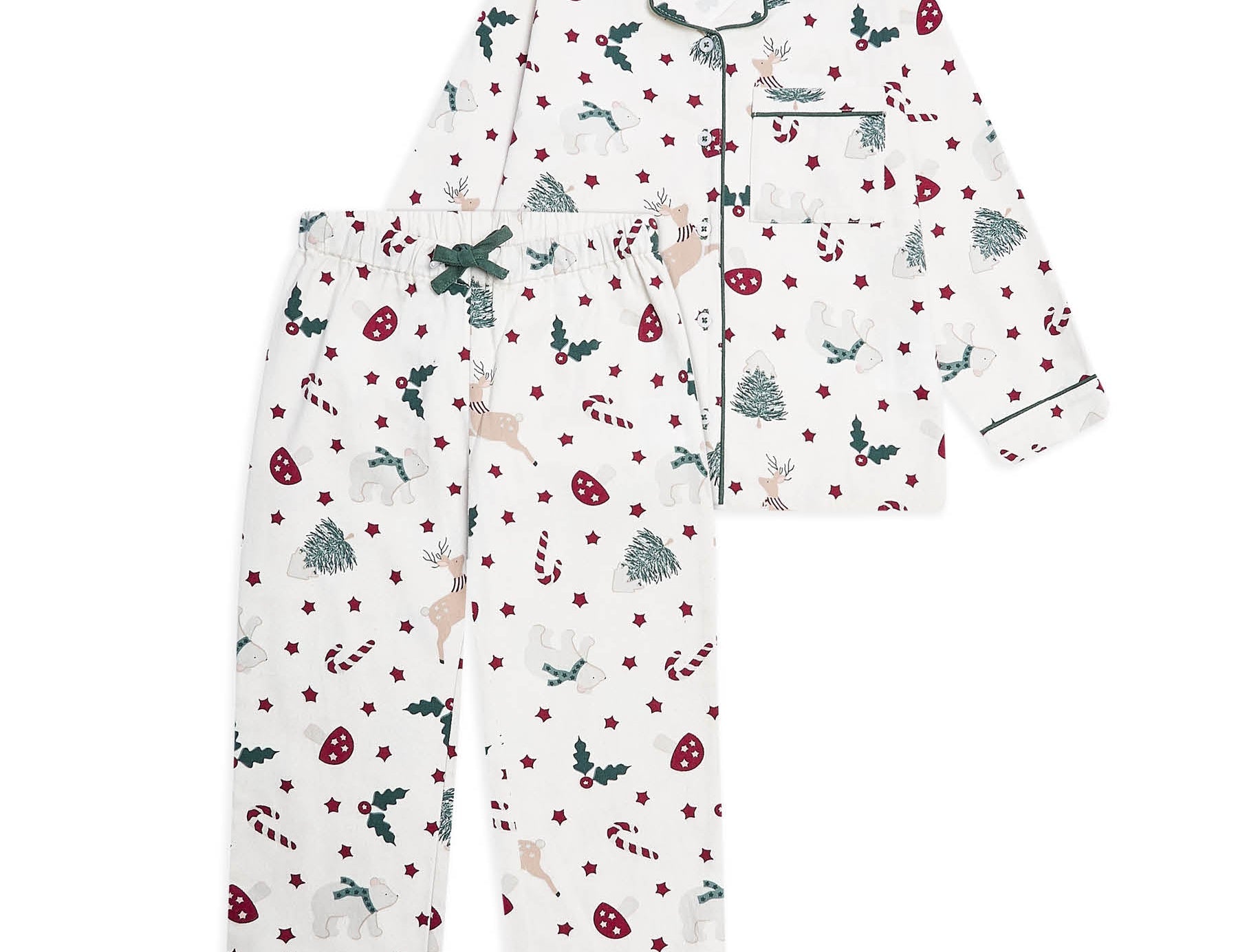 A two-piece children's pajama set with a festive Christmas print, featuring a long-sleeve button-up top and matching pants on a solid white background.