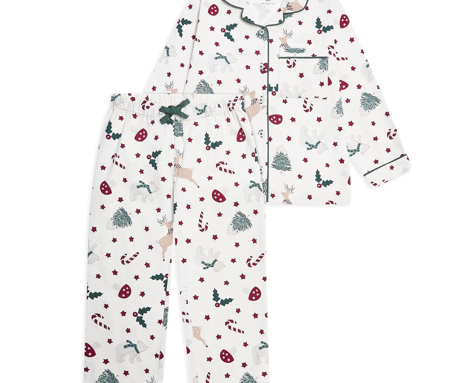 A two-piece children's pajama set with a festive Christmas print, featuring a long-sleeve button-up top and matching pants on a solid white background.