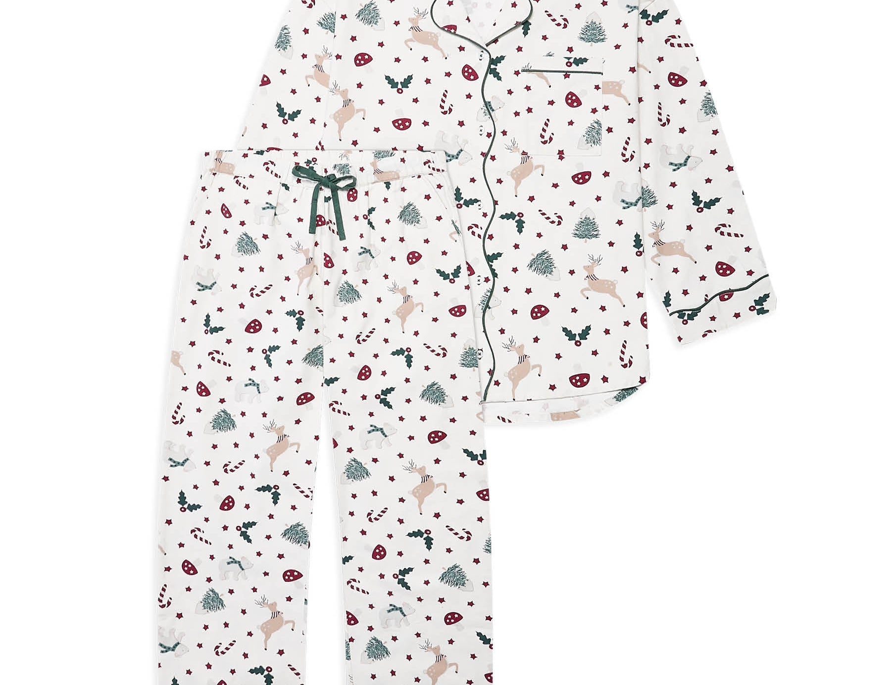 A two-piece pajama set featuring a long-sleeve button-front top and matching pants in an off-white base with a festive Christmas print of reindeer, candy canes, pine trees, and snowflakes, accented with dark green piping and a dark green drawstring.