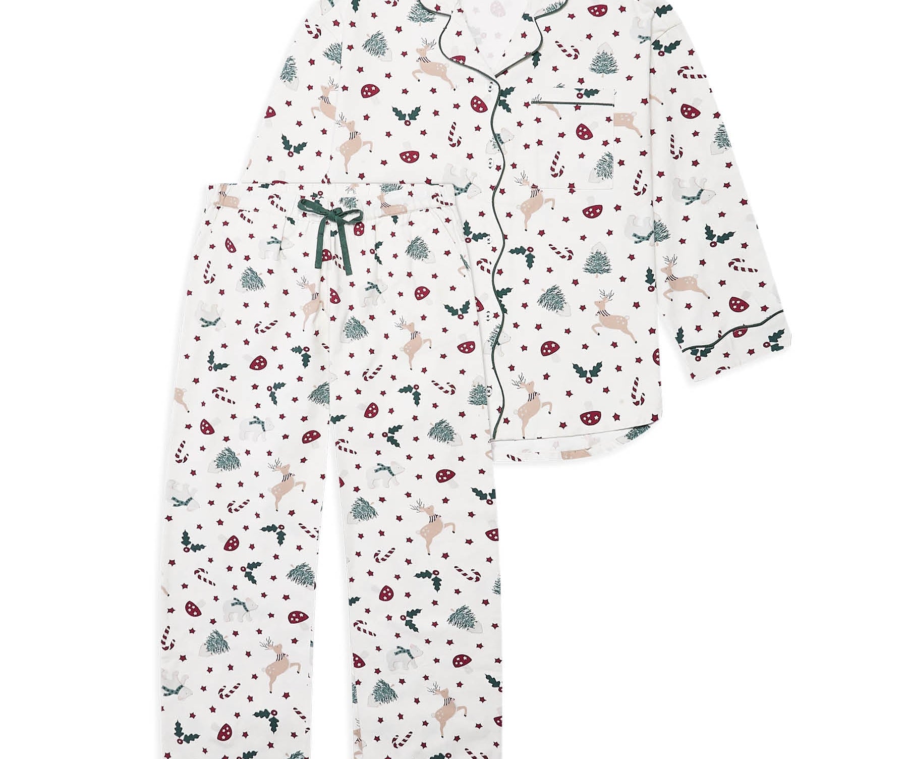 A two-piece pajama set featuring a long-sleeve button-front top and matching pants in an off-white base with a festive Christmas print of reindeer, candy canes, pine trees, and snowflakes, accented with dark green piping and a dark green drawstring.
