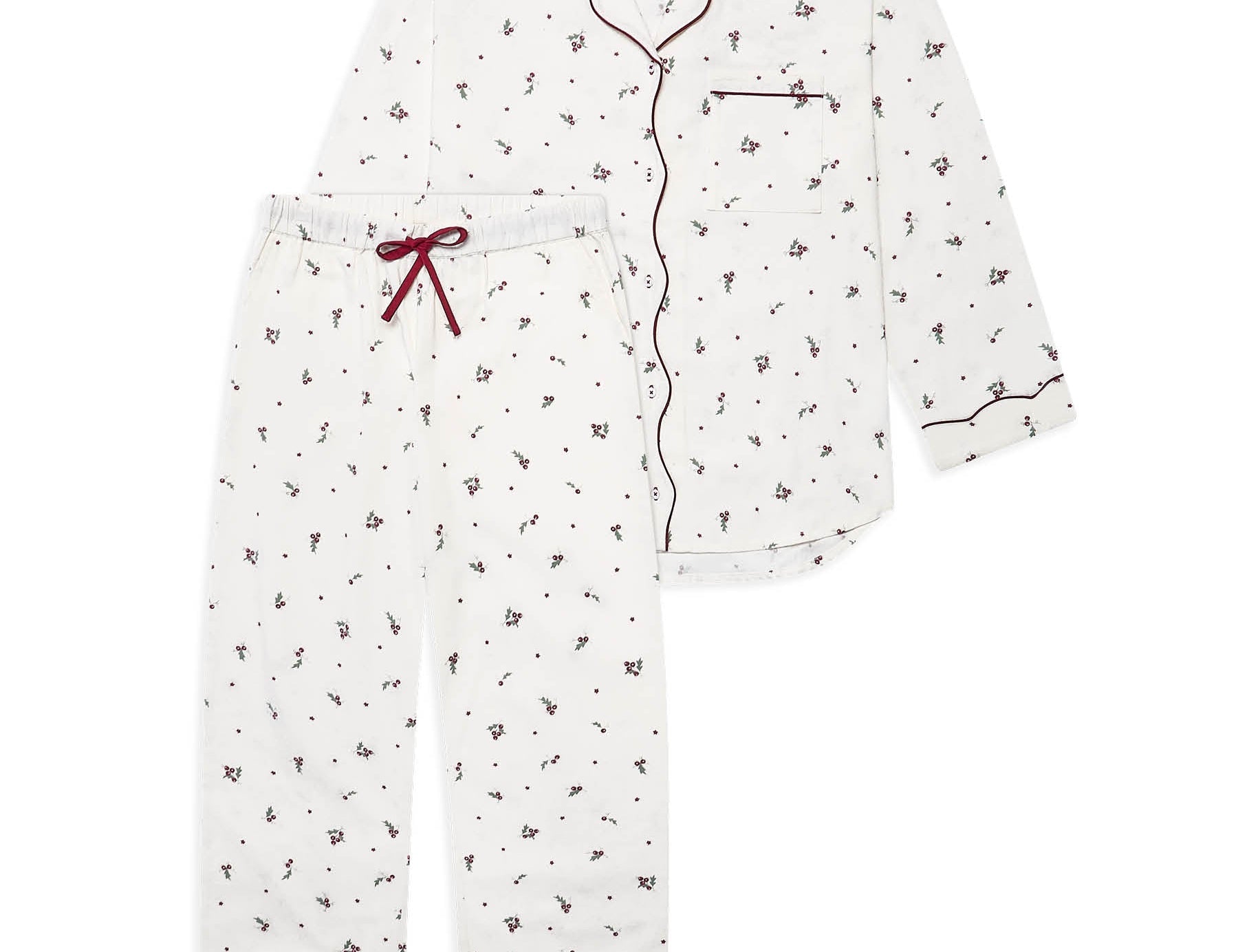A two-piece pajama set featuring a long-sleeve button-front top and matching pants in white with a small dark floral print, accented by dark red piping and a red drawstring.
