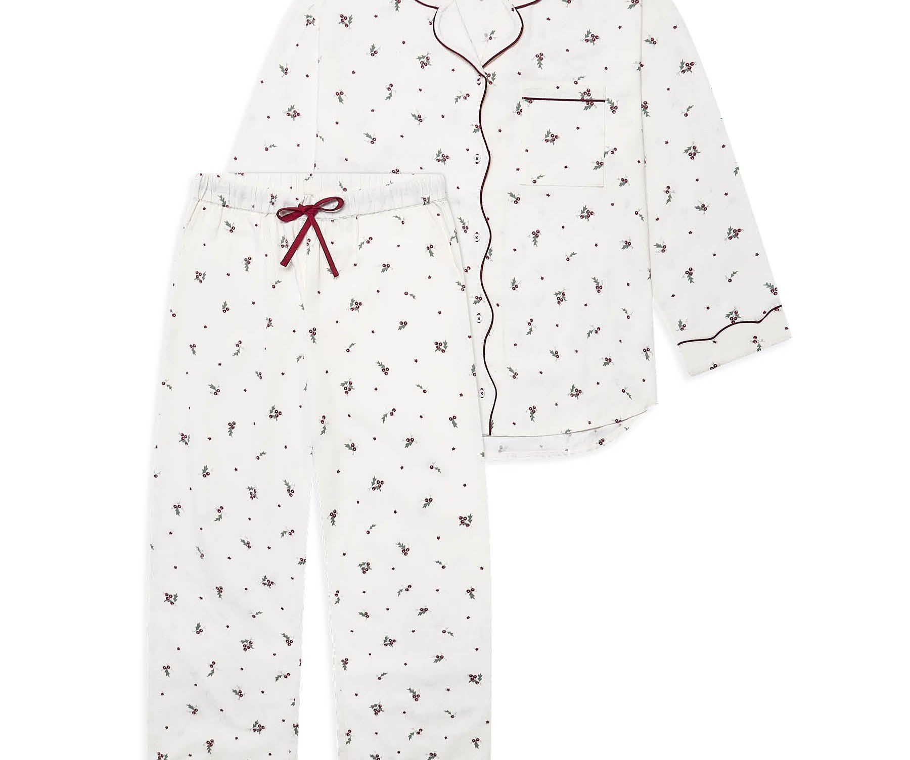 A two-piece pajama set featuring a long-sleeve button-front top and matching pants in white with a small dark floral print, accented by dark red piping and a red drawstring.