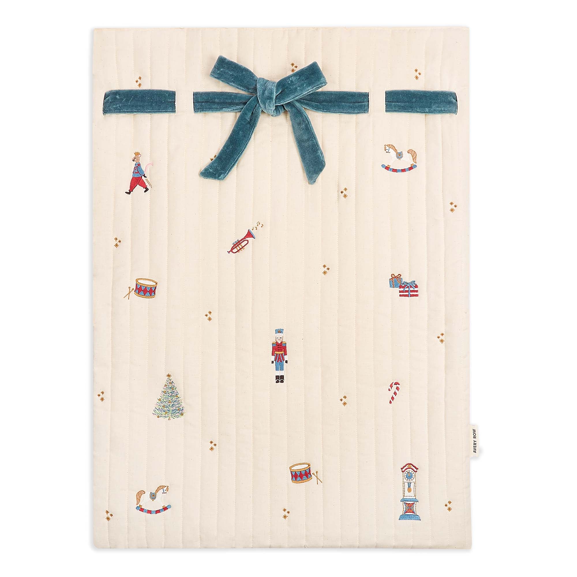 Gift box with festive illustrations and a blue ribbon on a white background