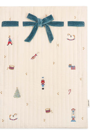 Gift box with festive illustrations and a blue ribbon on a white background