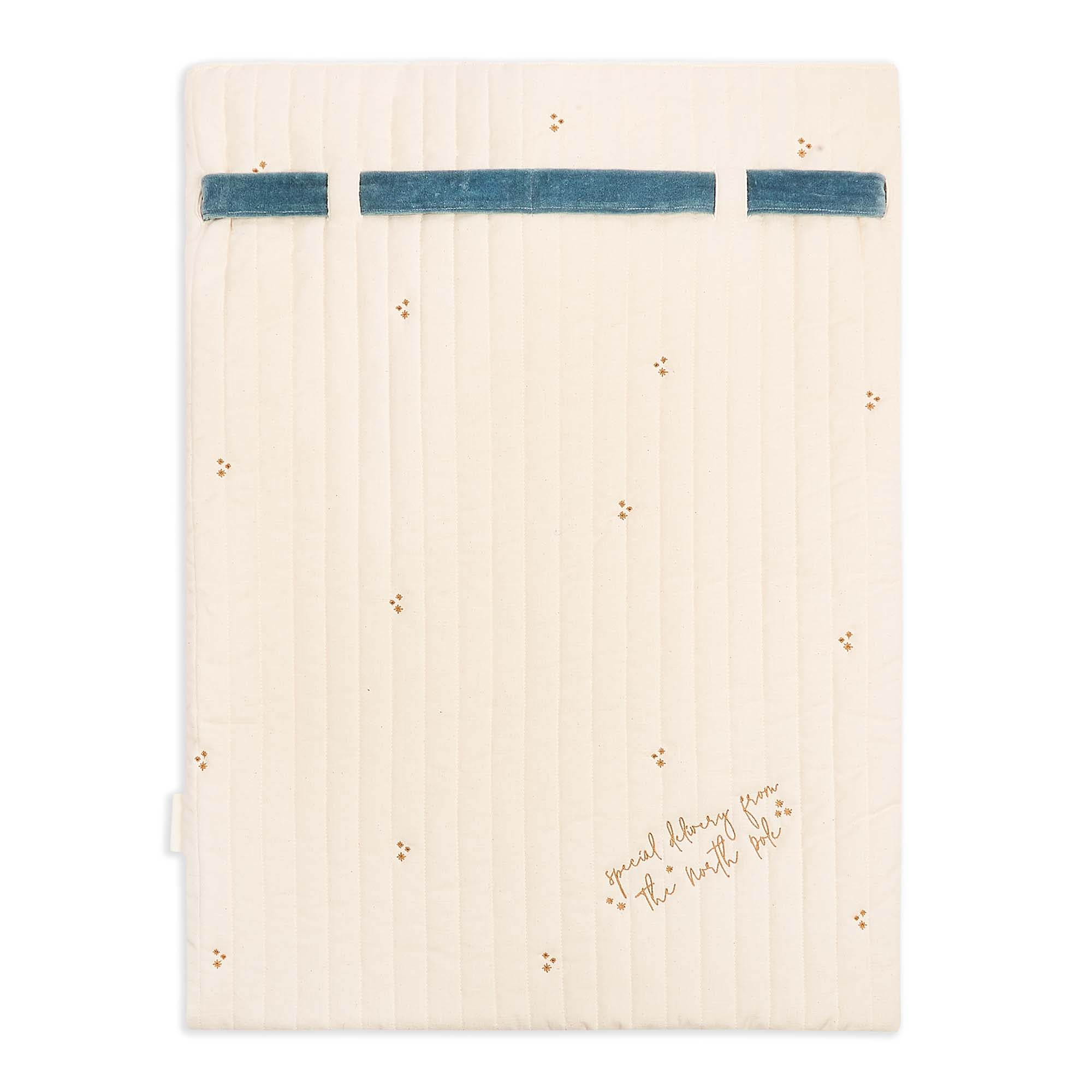 An off-white quilted fabric pad or sleeve with a blue horizontal stripe across the top and small gold embroidered details, shown flat against a white background.
