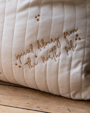 A close-up of a cream-colored quilted pillow with brown embroidered text reading 'special delivery from The North Pole' and small star motifs, resting on a wooden surface.