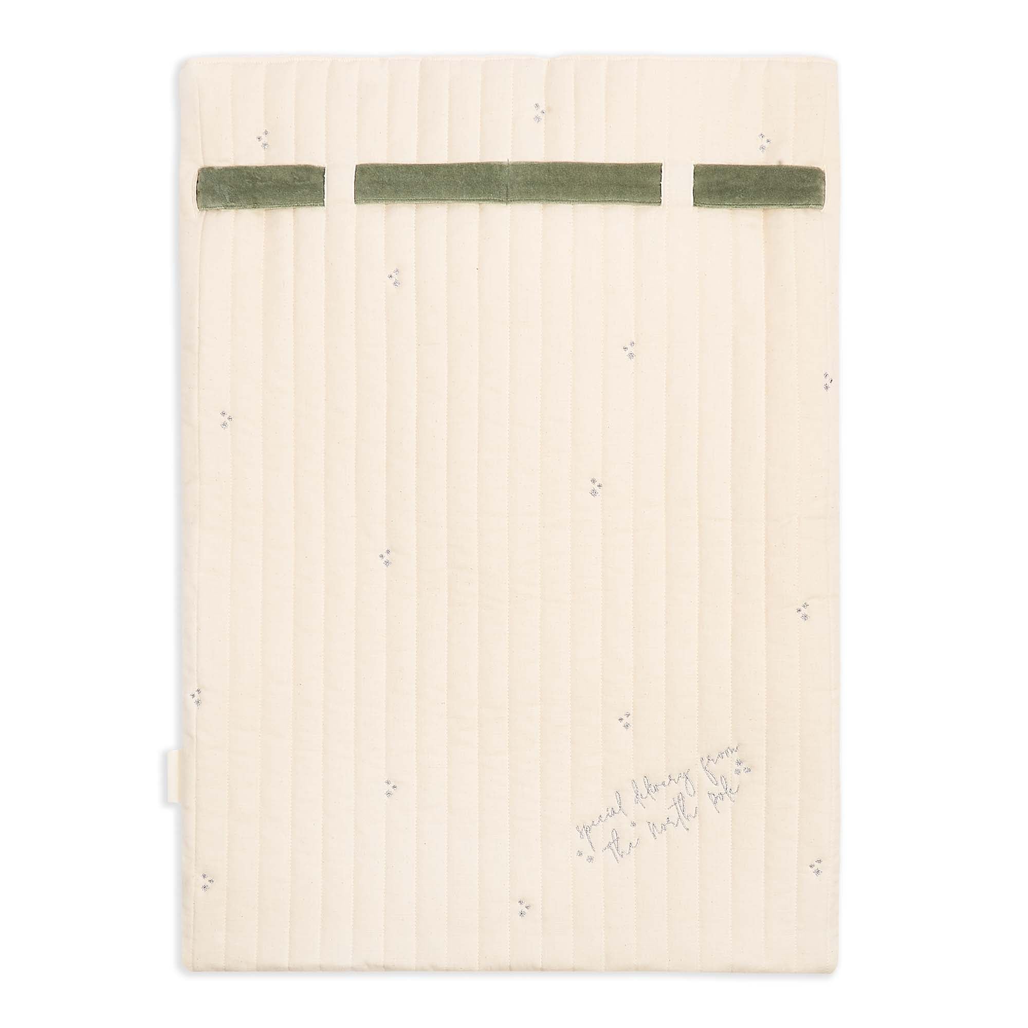 Beige textured blanket with green stripes on a white background