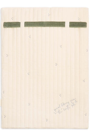 Beige textured blanket with green stripes on a white background