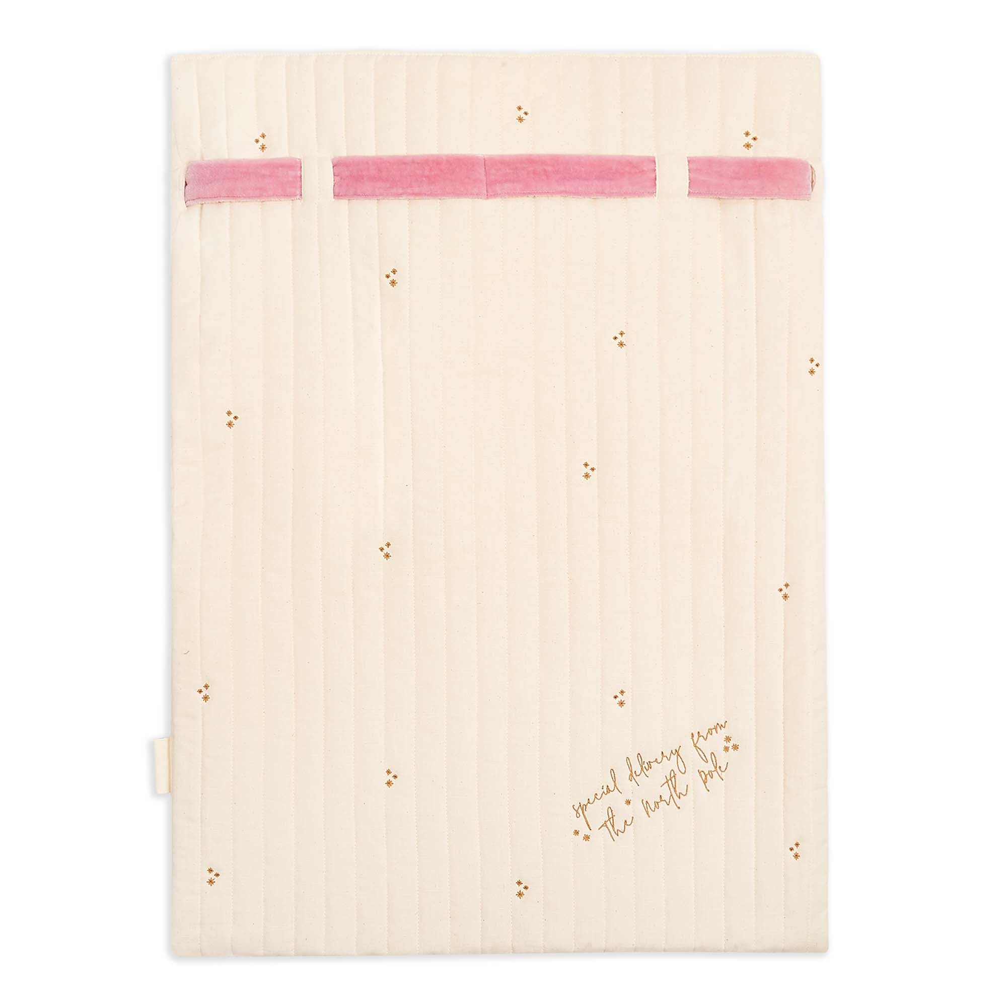 A cream-colored quilted baby blanket with pink elastic bands at the top and small gold embroidered stars, featuring the text 'social learning from the best pet' in gold script near the bottom right.