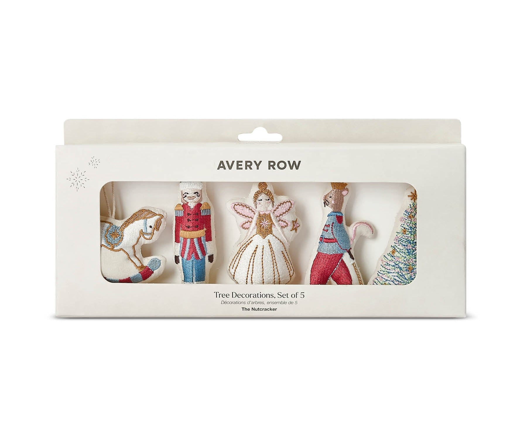 Avery Row Christmas tree decoration set of 5 in its original white window box packaging, featuring a nutcracker, fairy, Santa, horse, and Christmas tree ornaments.