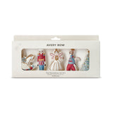 Avery Row Christmas tree decoration set of 5 in its original white window box packaging, featuring a nutcracker, fairy, Santa, horse, and Christmas tree ornaments.