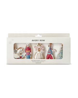 Avery Row Christmas tree decoration set of 5 in its original white window box packaging, featuring a nutcracker, fairy, Santa, horse, and Christmas tree ornaments.