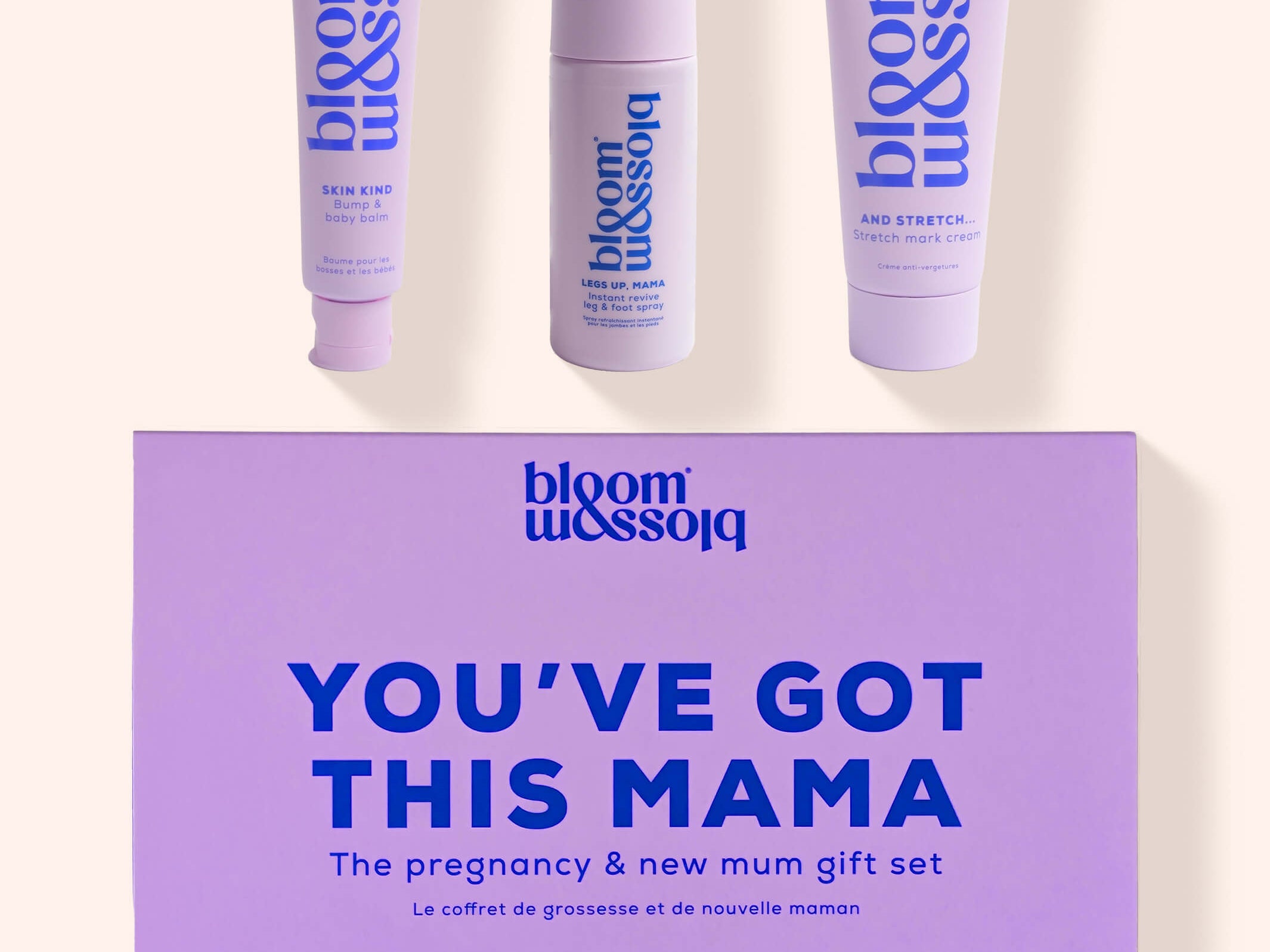 Blossom 'You've Got This Mama' pregnancy and new mum gift set on a warm cream background, featuring three lavender cosmetic tubes and a matching lavender gift box.