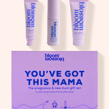 Blossom 'You've Got This Mama' pregnancy and new mum gift set on a warm cream background, featuring three lavender cosmetic tubes and a matching lavender gift box.