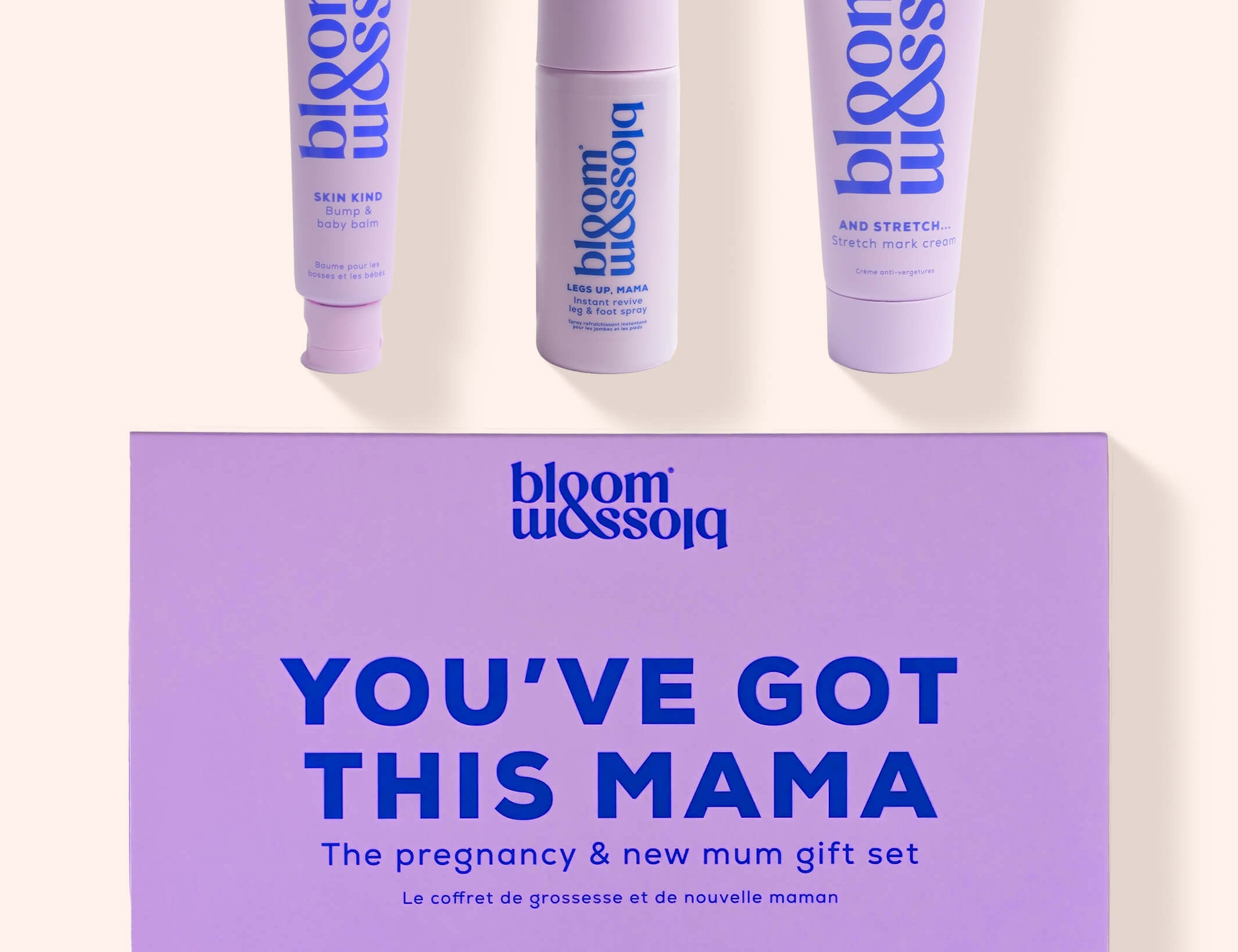 Blossom 'You've Got This Mama' pregnancy and new mum gift set on a warm cream background, featuring three lavender cosmetic tubes and a matching lavender gift box.