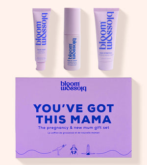 Blossom 'You've Got This Mama' pregnancy and new mum gift set on a warm cream background, featuring three lavender cosmetic tubes and a matching lavender gift box.