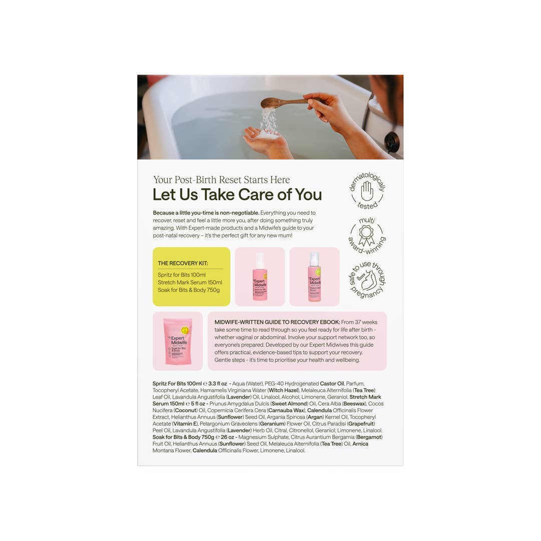 Product advertisement for a post-birth recovery kit with images of bottles and text on a white background.