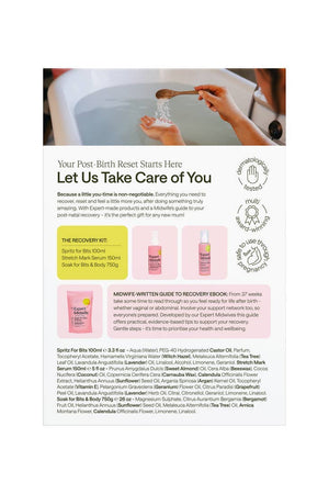 Product advertisement for a post-birth recovery kit with images of bottles and text on a white background.