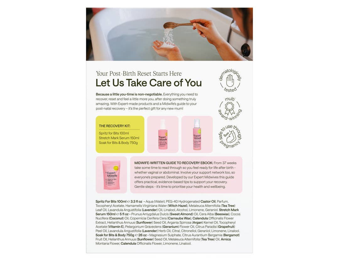 Product advertisement for a post-birth recovery kit with images of bottles and text on a white background.