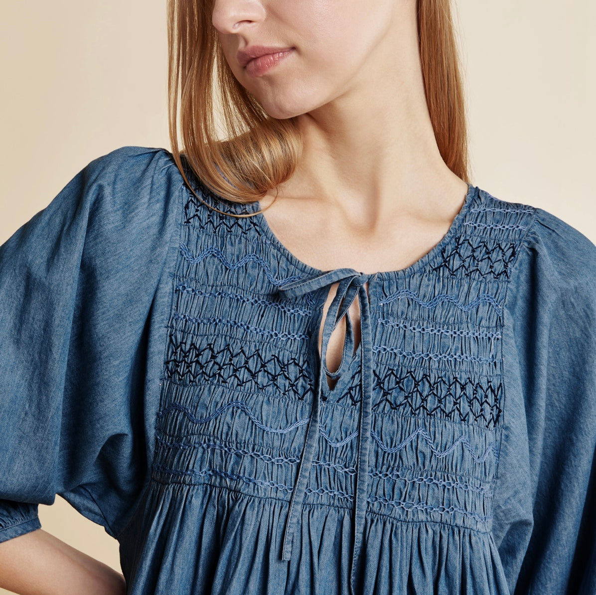 smocked denim dress 1990s Long Sleeve Smocked Denim Maxi Dress, sz. XL