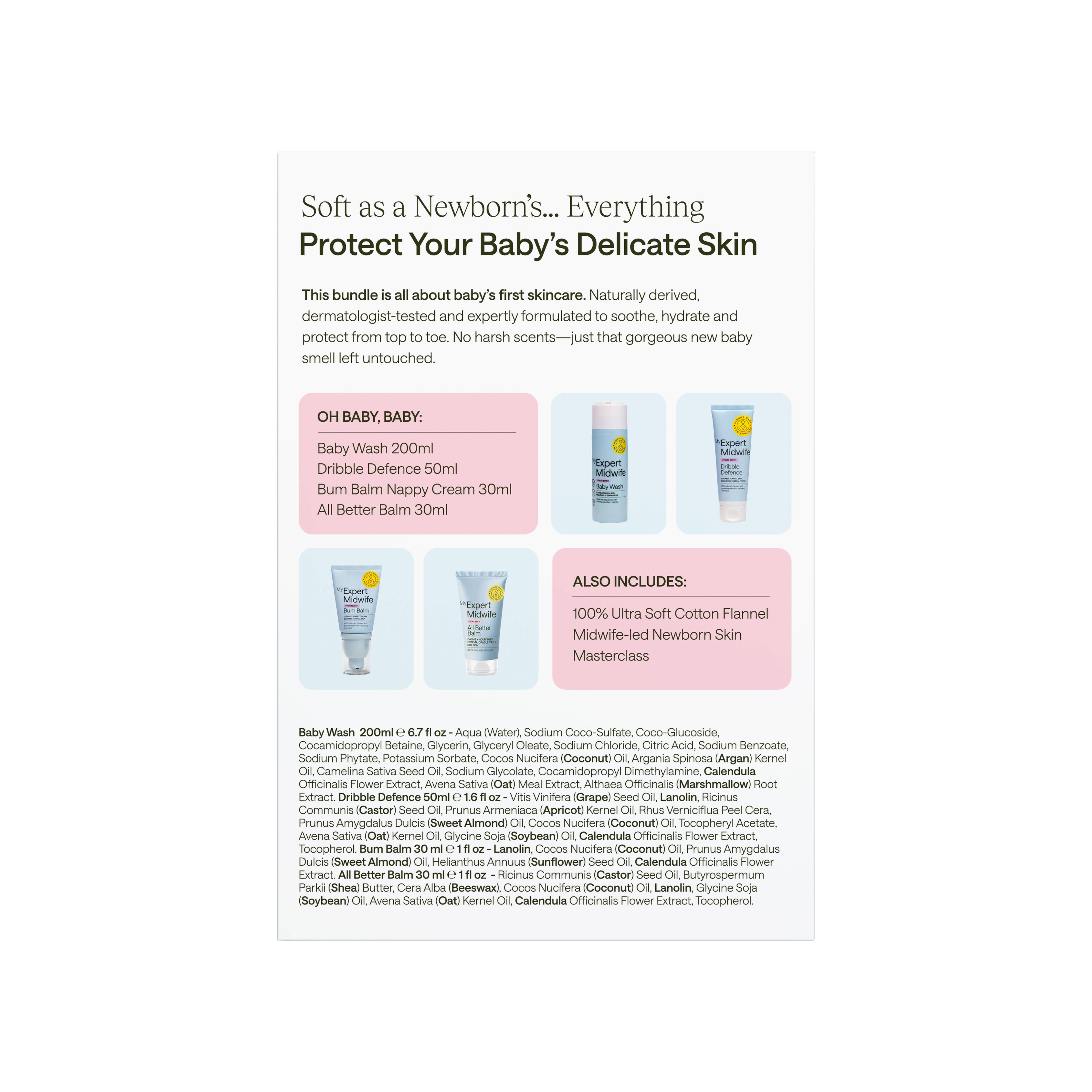 Baby skincare product set with text on a white background