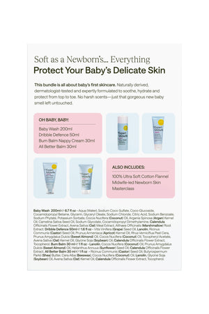Baby skincare product set with text on a white background