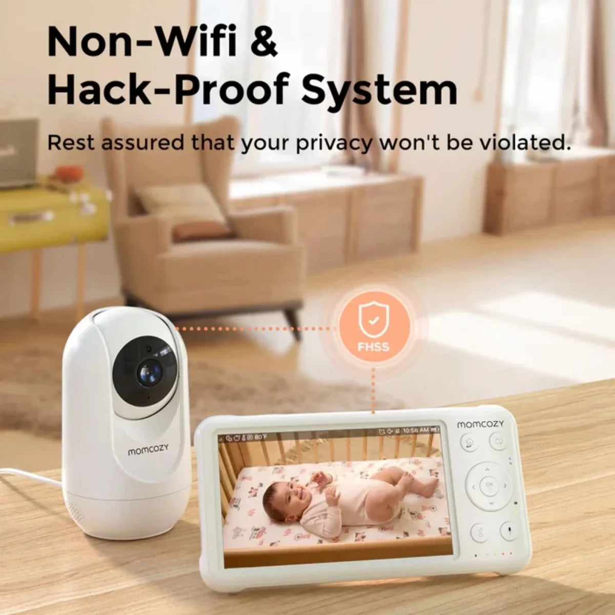 Baby monitor system with non-wifi and hack-proof features in a home setting.
