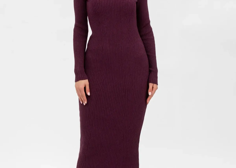 Stella Fitted Dress in Bordeaux with Long Sleeves