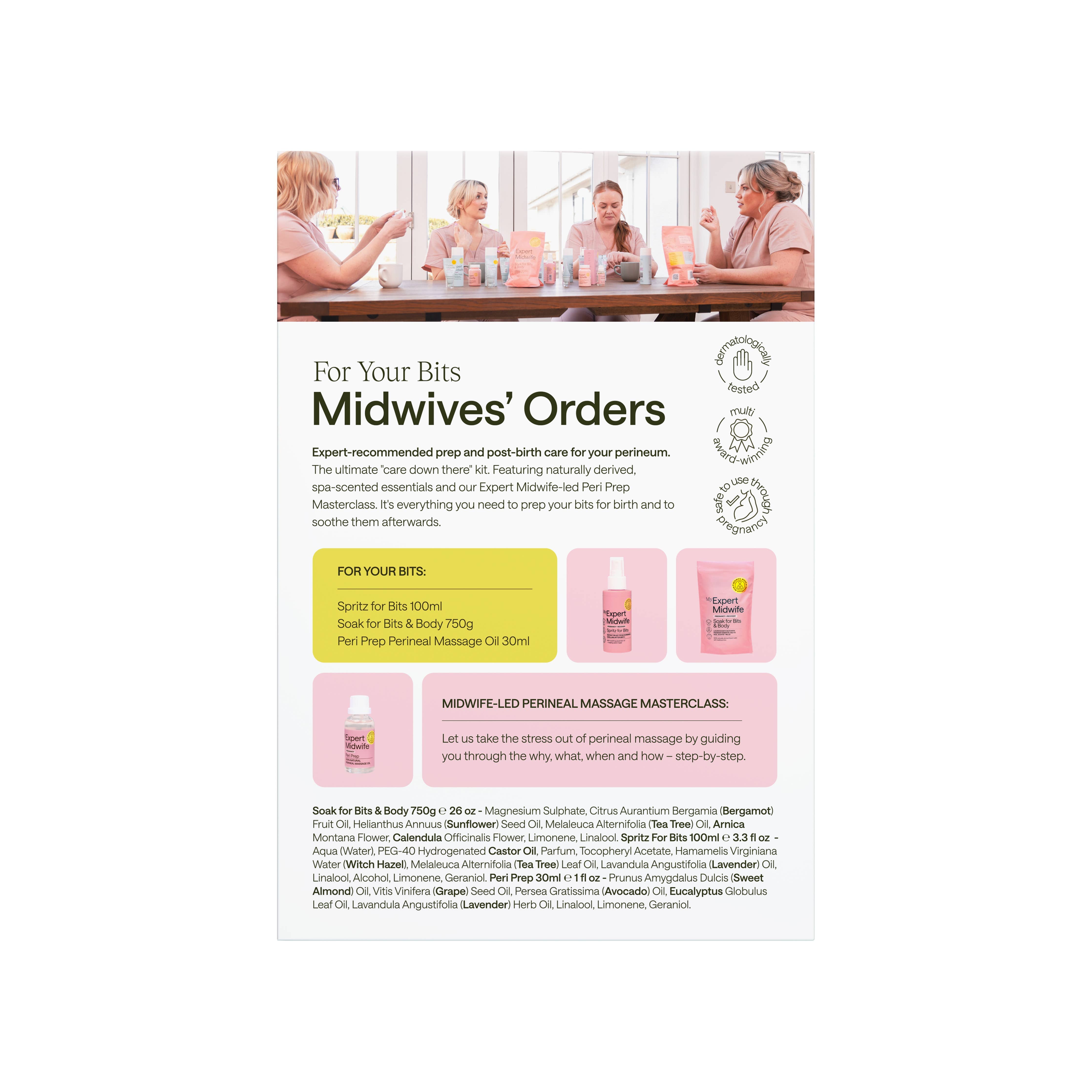 Advertisement for midwives' orders with product images and text on a white background