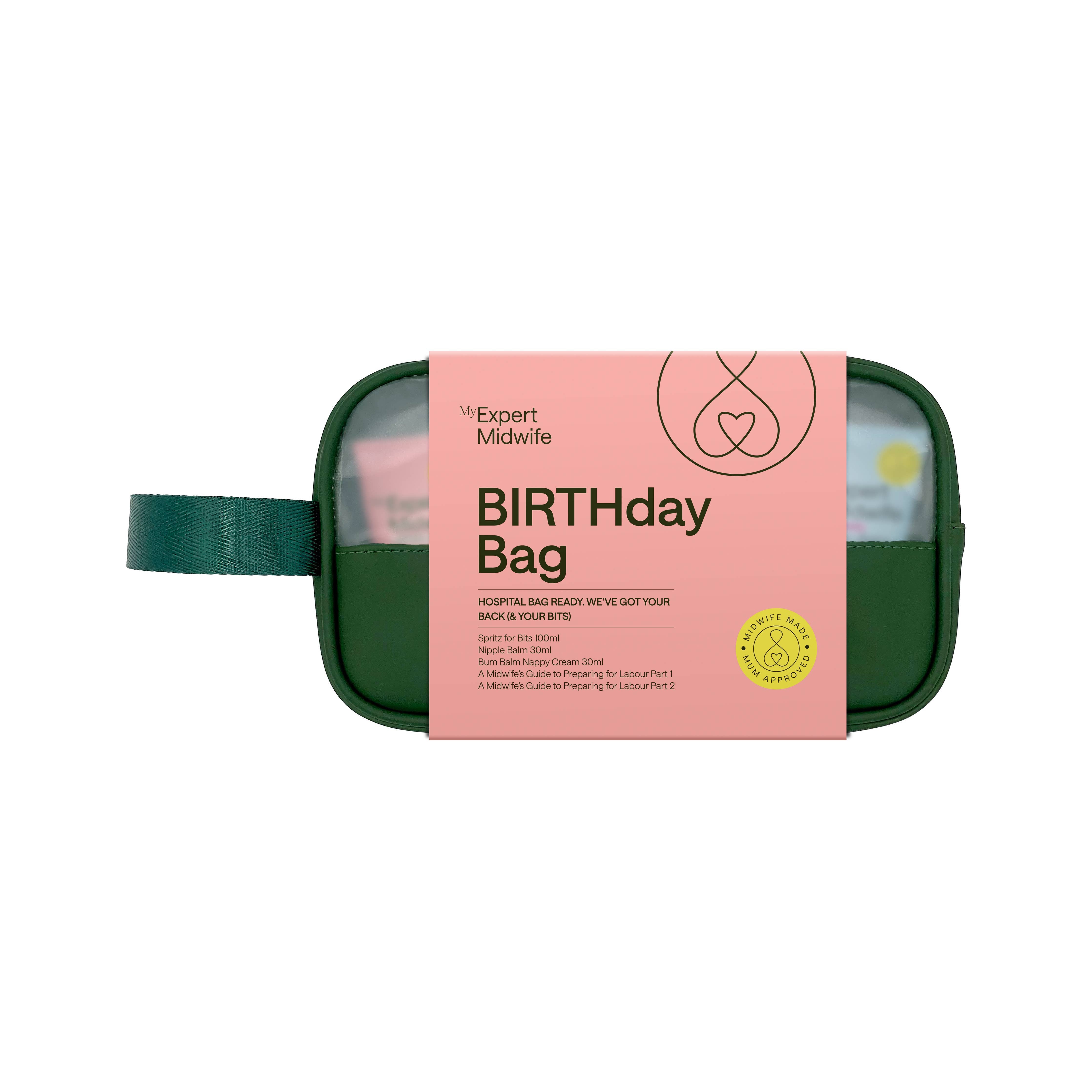 Green and pink 'Birthday Bag' packaging on a white background