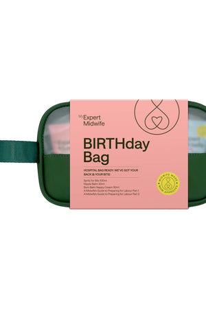 Green and pink 'Birthday Bag' packaging on a white background